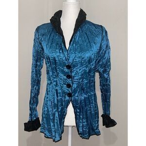 BELUVA IRIDESCENT BRISTOL BLUE CRINKLED OPEN FRONT‎ BUTTON DOWN BLOUSE MED